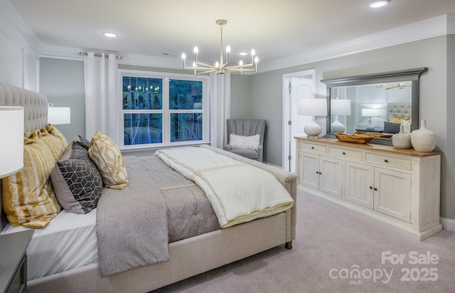 1041 Waxhaw Crossing Dr Unit 058, Waxhaw, NC 28173 - bedroom featuring a chandelier, ornamental molding, light carpet, and recessed lighting