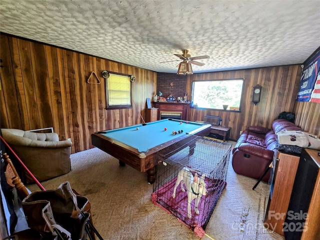 1206 Three Way Ln, Lenoir, NC 28645 - playroom with wood walls, billiards table, ceiling fan, and carpet floors