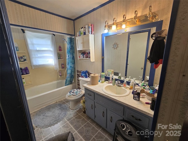 1206 Three Way Ln, Lenoir, NC 28645 - full bath featuring wallpapered walls, vanity, shower / bath combo with shower curtain, tile patterned flooring, and ornamental molding