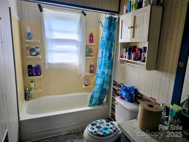 1206 Three Way Ln, Lenoir, NC 28645 - full bathroom featuring wallpapered walls, shower / tub combo with curtain, and vanity