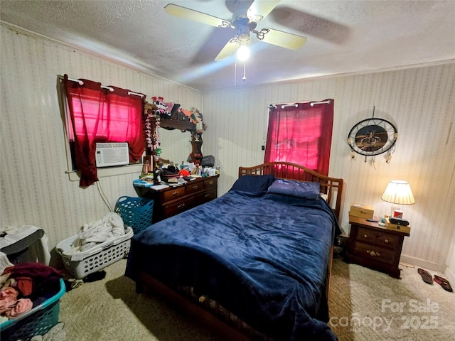1206 Three Way Ln, Lenoir, NC 28645 - bedroom with carpet flooring, cooling unit, a textured ceiling, a ceiling fan, and wallpapered walls
