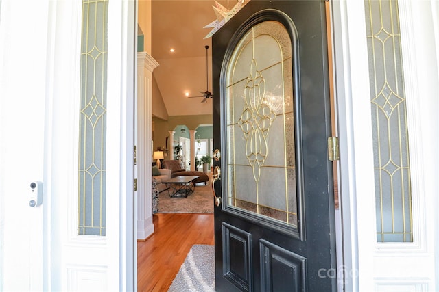 406 Spyglass Hill Pl, Salisbury, NC 28144 - entrance foyer with wood finished floors, arched walkways, and lofted ceiling