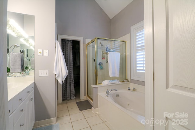 406 Spyglass Hill Pl, Salisbury, NC 28144 - bathroom featuring a shower stall, tile patterned floors, vanity, a jetted tub, and lofted ceiling