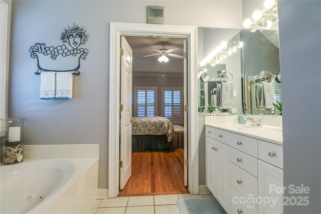 406 Spyglass Hill Pl, Salisbury, NC 28144 - ensuite bathroom featuring tile patterned flooring, vanity, a whirlpool tub, and ceiling fan