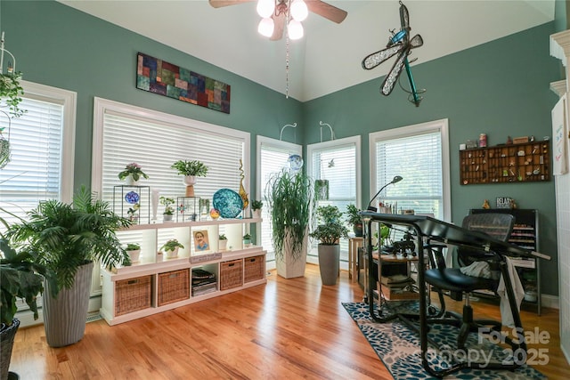 406 Spyglass Hill Pl, Salisbury, NC 28144 - office space with a ceiling fan, light wood-type flooring, and high vaulted ceiling