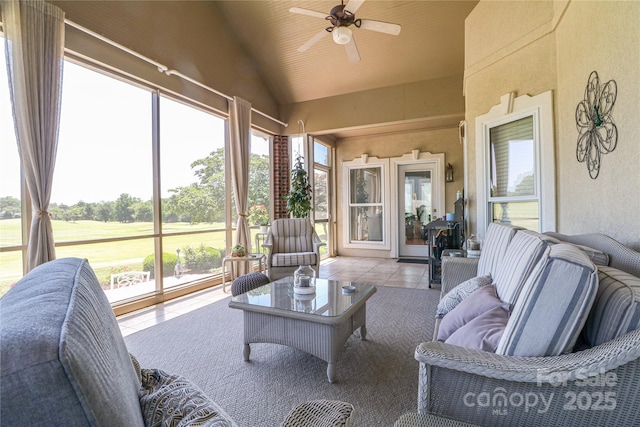 406 Spyglass Hill Pl, Salisbury, NC 28144 - sunroom / solarium with a ceiling fan, healthy amount of natural light, lofted ceiling, and golf course view