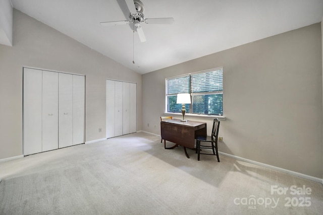 8416 Rittenhouse Cir, Charlotte, NC 28270 - carpeted home office with ceiling fan and high vaulted ceiling
