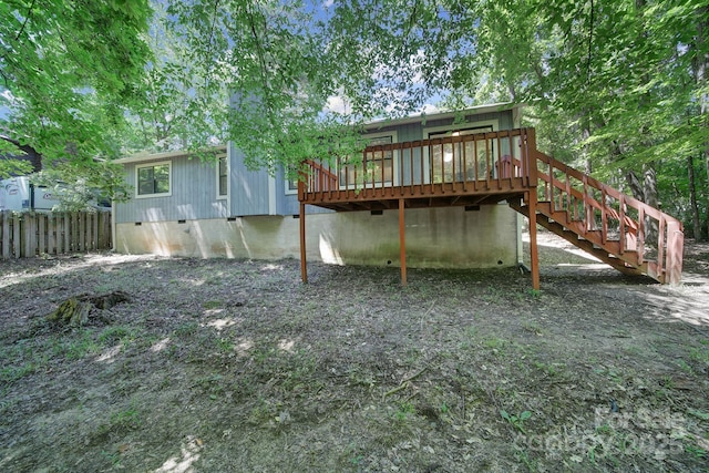 8416 Rittenhouse Cir, Charlotte, NC 28270 - rear view of house featuring crawl space, a wooden deck, and stairs
