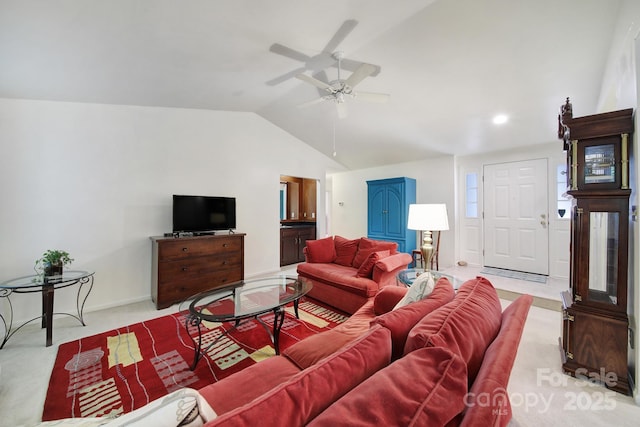 8416 Rittenhouse Cir, Charlotte, NC 28270 - living area featuring lofted ceiling, light carpet, and a ceiling fan