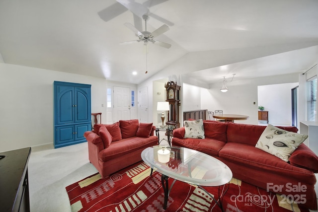 8416 Rittenhouse Cir, Charlotte, NC 28270 - carpeted living room featuring vaulted ceiling and ceiling fan
