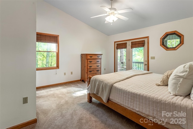 380 Allison Dr, Maggie Valley, NC 28751 - bedroom with access to exterior, vaulted ceiling, light colored carpet, and a ceiling fan