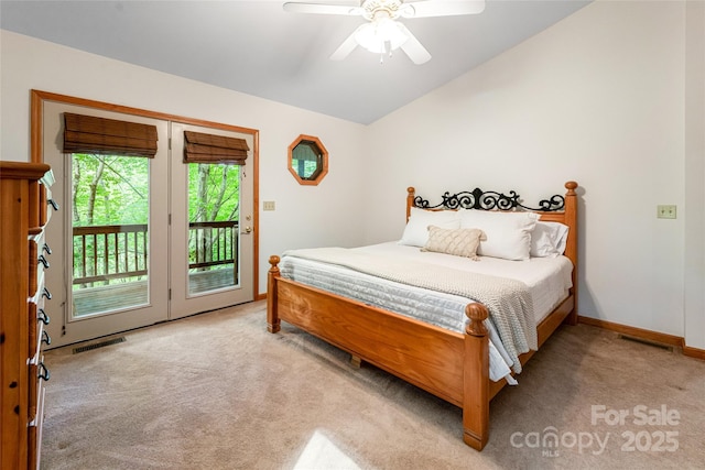 380 Allison Dr, Maggie Valley, NC 28751 - carpeted bedroom featuring access to exterior, vaulted ceiling, and a ceiling fan