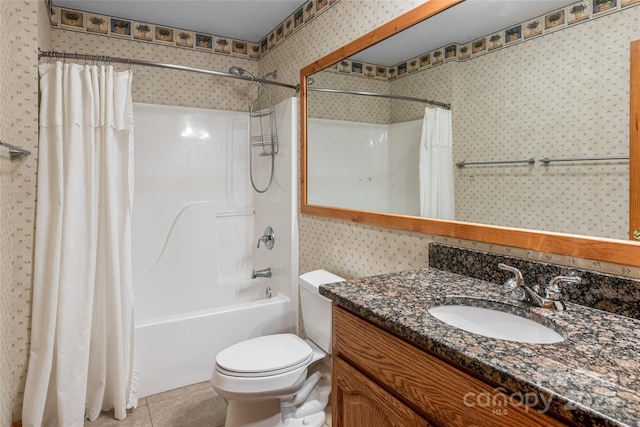 380 Allison Dr, Maggie Valley, NC 28751 - bathroom featuring wallpapered walls, vanity, shower / bath combination with curtain, and tile patterned floors