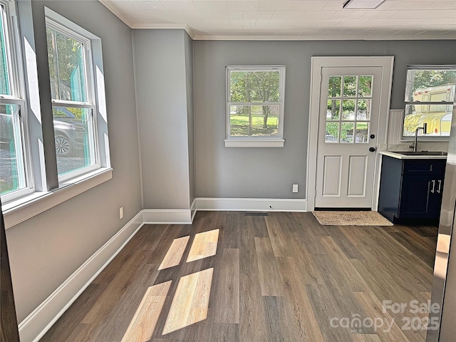 201 Barnes Ln, Stony Point, NC 28678 - doorway with crown molding, healthy amount of natural light, and dark wood finished floors