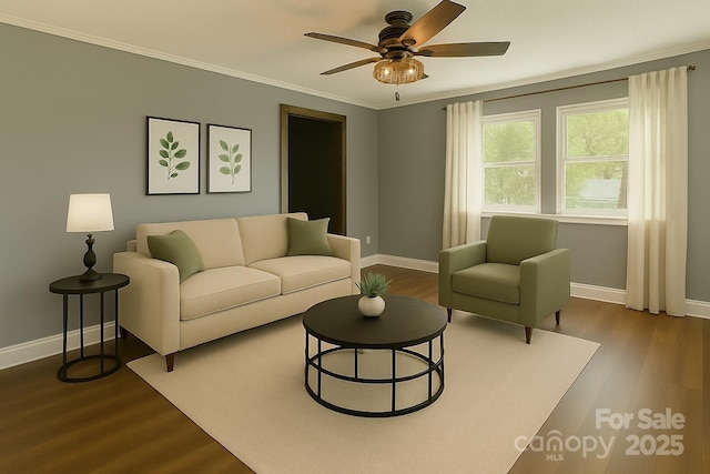 201 Barnes Ln, Stony Point, NC 28678 - living area with dark wood finished floors, ceiling fan, and crown molding