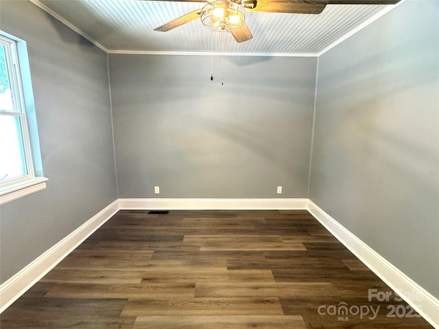 201 Barnes Ln, Stony Point, NC 28678 - spare room featuring a ceiling fan, crown molding, and dark wood-style floors