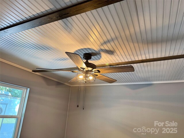 201 Barnes Ln, Stony Point, NC 28678 - detailed view of crown molding, wood ceiling, and ceiling fan
