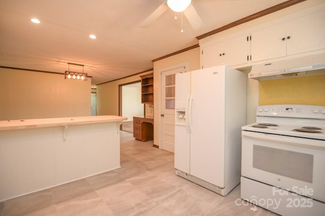 7645 Robinson Church Rd, Harrisburg, NC 28075 - kitchen with white appliances, under cabinet range hood, white cabinets, ceiling fan, and a breakfast bar