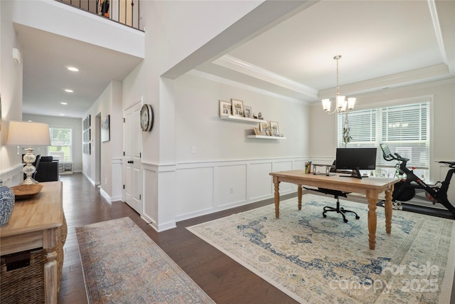 13339 Mcguffy Dr, Huntersville, NC 28078 - office area featuring dark wood-style flooring, a tray ceiling, a chandelier, crown molding, and wainscoting