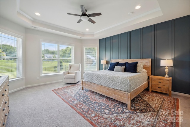 13339 Mcguffy Dr, Huntersville, NC 28078 - bedroom featuring a raised ceiling, light carpet, crown molding, recessed lighting, and a ceiling fan