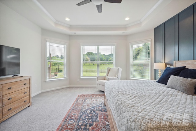 13339 Mcguffy Dr, Huntersville, NC 28078 - bedroom featuring ornamental molding, light carpet, a raised ceiling, recessed lighting, and ceiling fan