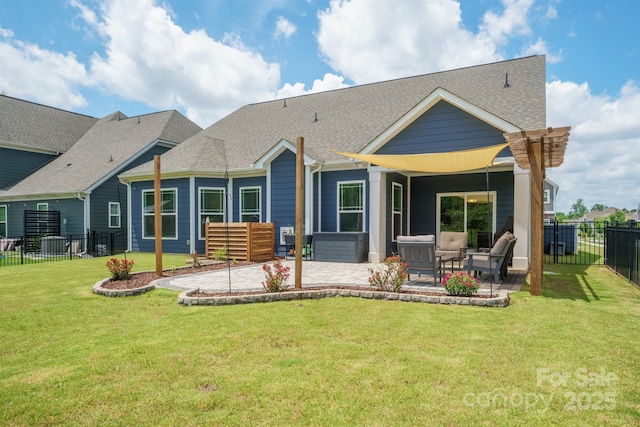 13339 Mcguffy Dr, Huntersville, NC 28078 - back of house with a patio area, a fenced backyard, a shingled roof, and an outdoor living space