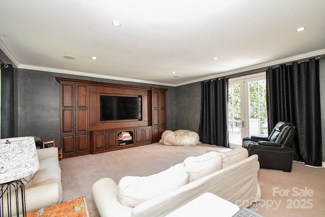 711 Yadkin St, Albemarle, NC 28001 - living room with light carpet, crown molding, and recessed lighting