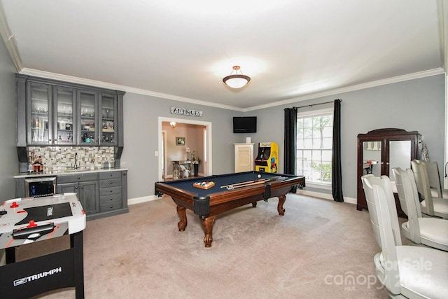 711 Yadkin St, Albemarle, NC 28001 - game room with crown molding, wet bar, pool table, light carpet, and beverage cooler