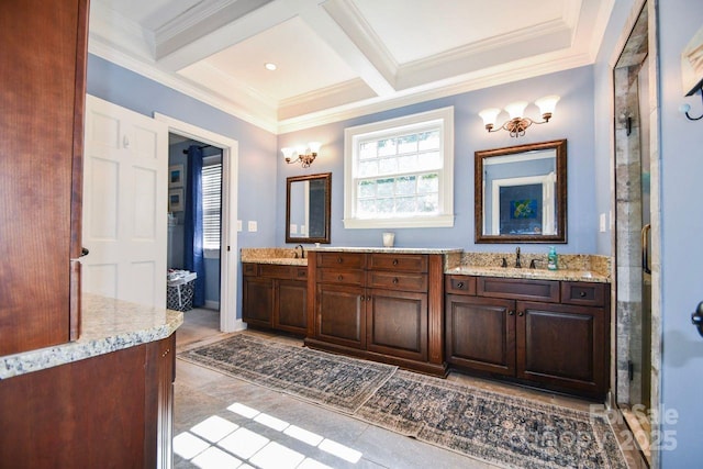 711 Yadkin St, Albemarle, NC 28001 - full bathroom with double vanity, beamed ceiling, crown molding, coffered ceiling, and an enclosed shower
