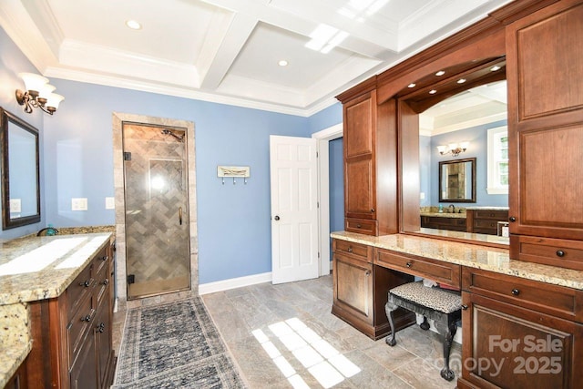 711 Yadkin St, Albemarle, NC 28001 - full bathroom featuring a shower stall, coffered ceiling, vanity, beam ceiling, and crown molding