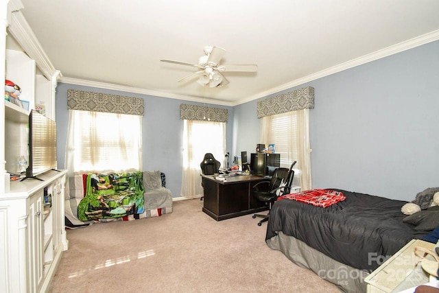711 Yadkin St, Albemarle, NC 28001 - bedroom with crown molding, light colored carpet, an office area, and a ceiling fan
