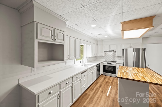 2028 Old Latter Rd, Newton, NC 28658 - kitchen featuring appliances with stainless steel finishes, butcher block counters, a paneled ceiling, light wood-type flooring, and under cabinet range hood