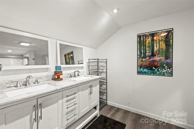 2028 Old Latter Rd, Newton, NC 28658 - full bathroom featuring double vanity, wood finished floors, lofted ceiling, and recessed lighting