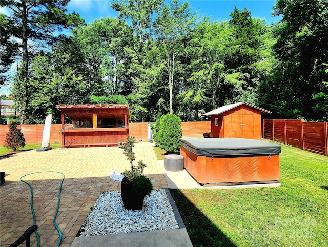 3108 Leicester Dr, Matthews, NC 28104 - fenced backyard featuring a hot tub, a patio, and a shed