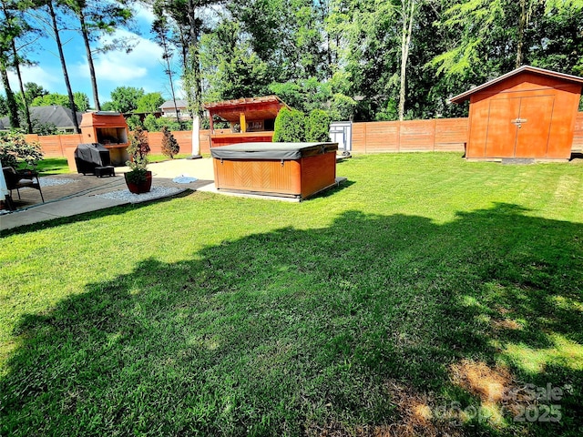 3108 Leicester Dr, Matthews, NC 28104 - fenced backyard featuring a hot tub, a storage shed, and a patio