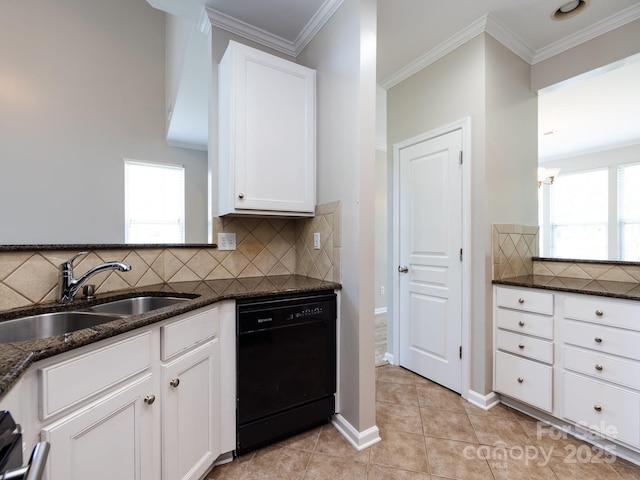 621 Pine Links Dr, Tega Cay, SC 29708 - kitchen featuring black dishwasher, dark stone counters, white cabinetry, backsplash, and ornamental molding
