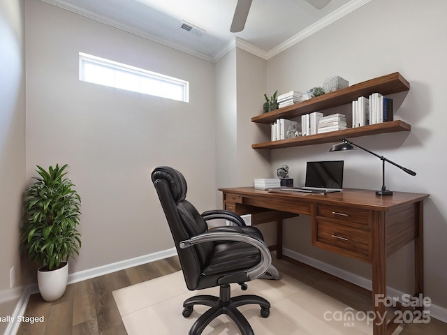 621 Pine Links Dr, Tega Cay, SC 29708 - home office featuring wood finished floors, crown molding, and ceiling fan
