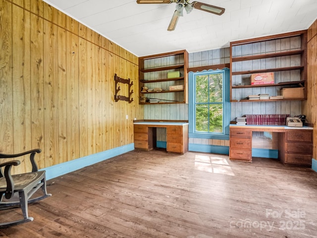 1111 Bills Creek Rd, Lake Lure, NC 28746 - unfurnished office featuring wooden walls, wood-type flooring, ceiling fan, and built in study area