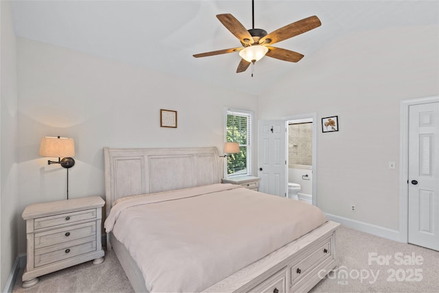 3535 Selwyn Farms Ln, Charlotte, NC 28209 - bedroom with lofted ceiling, light colored carpet, ensuite bath, and ceiling fan