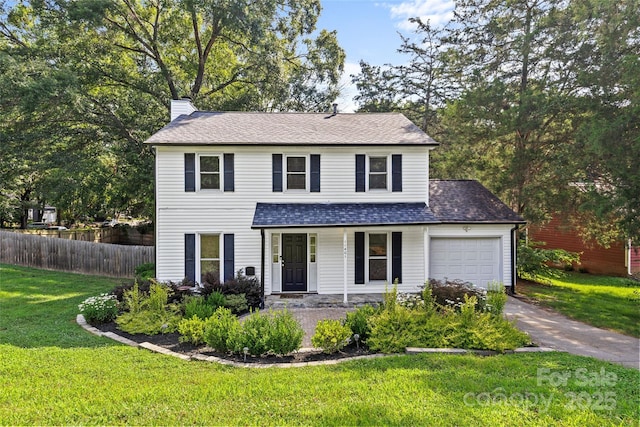 11401 Lone Star Cir, Charlotte, NC 28226 - traditional-style house with a chimney, a porch, an attached garage, driveway, and roof with shingles