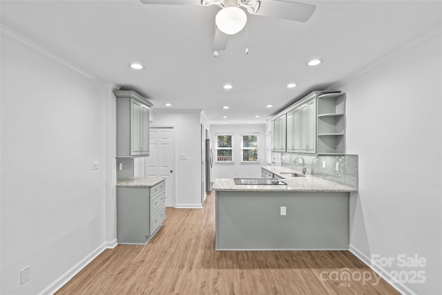11401 Lone Star Cir, Charlotte, NC 28226 - kitchen featuring gray cabinetry, open shelves, recessed lighting, ornamental molding, and a peninsula