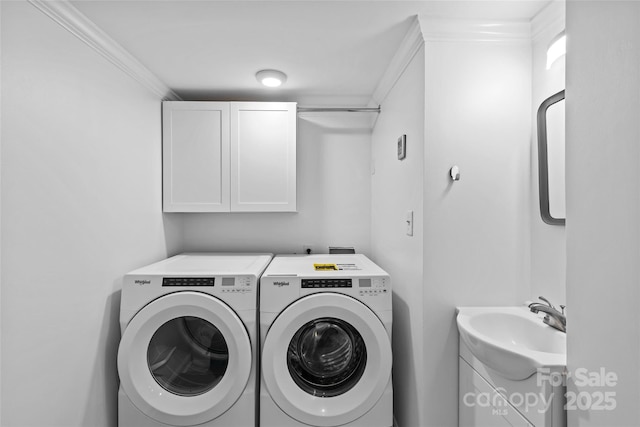 11401 Lone Star Cir, Charlotte, NC 28226 - laundry room featuring cabinet space, washer and dryer, and crown molding