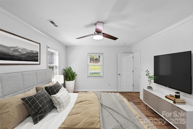 11401 Lone Star Cir, Charlotte, NC 28226 - bedroom featuring wood finished floors, ornamental molding, and ceiling fan