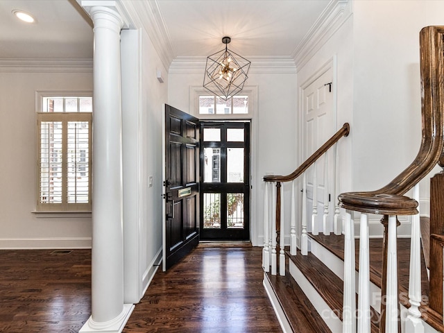 344 S Laurel Ave, Charlotte, NC 28207 - entryway featuring a chandelier, wood finished floors, crown molding, and stairway