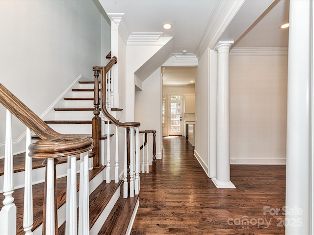344 S Laurel Ave, Charlotte, NC 28207 - hall with wood finished floors, crown molding, stairway, and recessed lighting