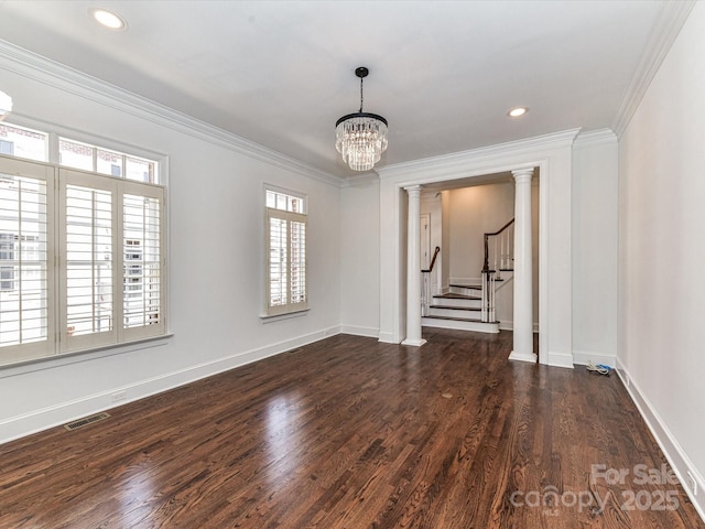 344 S Laurel Ave, Charlotte, NC 28207 - spare room featuring stairs, ornamental molding, a chandelier, dark wood finished floors, and recessed lighting