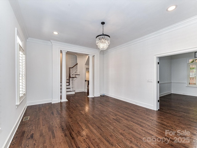 344 S Laurel Ave, Charlotte, NC 28207 - empty room featuring stairway, crown molding, dark wood-style flooring, a chandelier, and recessed lighting