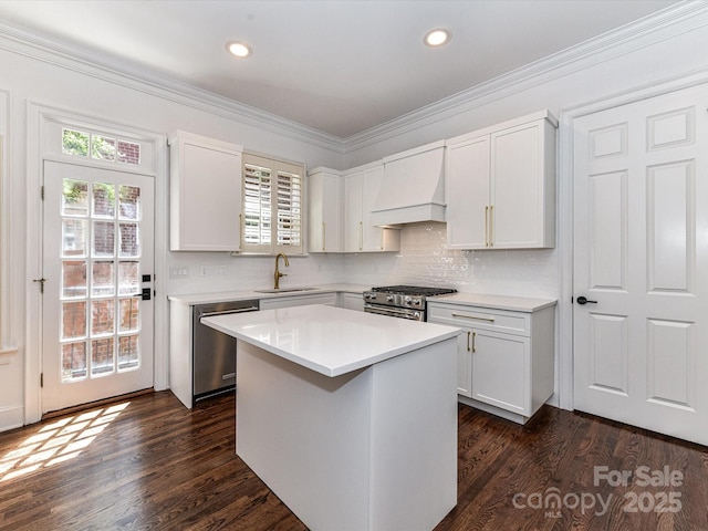 344 S Laurel Ave, Charlotte, NC 28207 - kitchen with appliances with stainless steel finishes, custom exhaust hood, dark wood-type flooring, light countertops, and crown molding