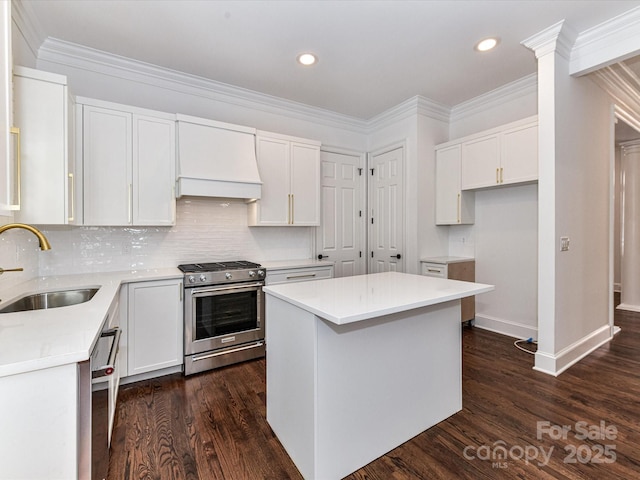 344 S Laurel Ave, Charlotte, NC 28207 - kitchen featuring appliances with stainless steel finishes, premium range hood, white cabinetry, light countertops, and ornamental molding
