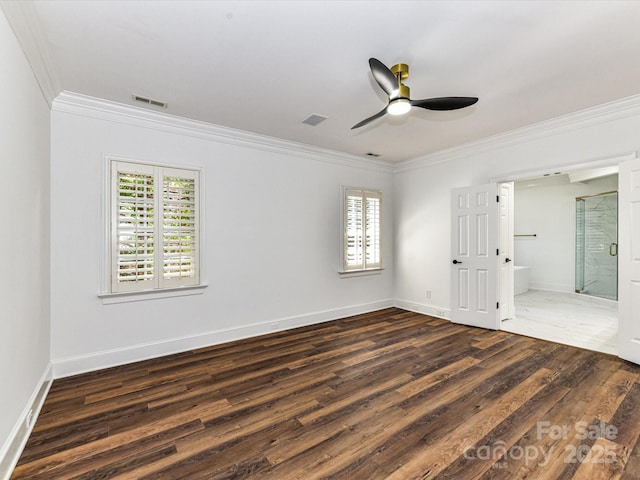344 S Laurel Ave, Charlotte, NC 28207 - spare room with crown molding, plenty of natural light, dark wood-style flooring, and a ceiling fan